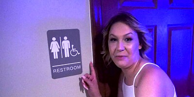 Bitch goes to public toilet and gets on her knees for sucking