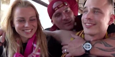 Slutty blonde is giving a blowjobs to a whole bunch of dudes