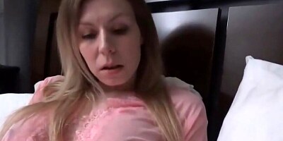 Dressed in a nightgown, blonde mommy is blowing her stepson POV style