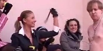 Four russian mistress ballbusting an ashtray slave