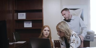 Two naughty secretaries are fucking with a horny boss